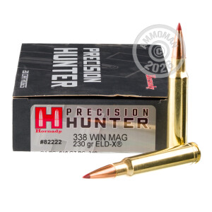 Photo detailing the 338 WIN MAG HORNADY PRECISION HUNTER 230 GRAIN ELD-X (20 ROUNDS) for sale at AmmoMan.com.