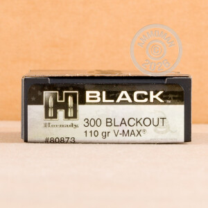 A photograph detailing the 300 AAC Blackout ammo with V-MAX bullets made by Hornady.