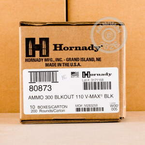 A photograph detailing the 300 AAC Blackout ammo with V-MAX bullets made by Hornady.