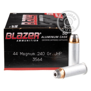 Image of Blazer 44 Remington Magnum pistol ammunition.