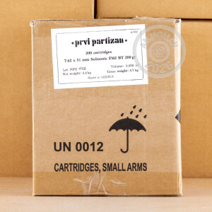 A photograph detailing the 308 / 7.62x51 ammo with FMJ-BT bullets made by Prvi Partizan.