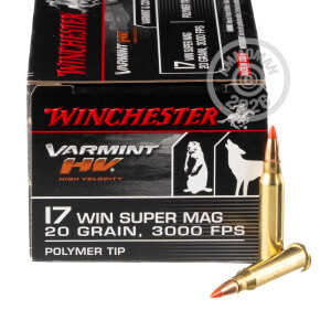 Photo detailing the 17 WSM WINCHESTER VARMINT HV 20 GRAIN POLYMER TIP (500 ROUNDS) for sale at AmmoMan.com.