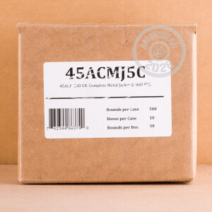 A photograph detailing the .45 Automatic ammo with TMJ bullets made by Fiocchi.