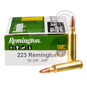 A photograph of 20 rounds of 50 grain 223 Remington ammo with a JHP bullet for sale.