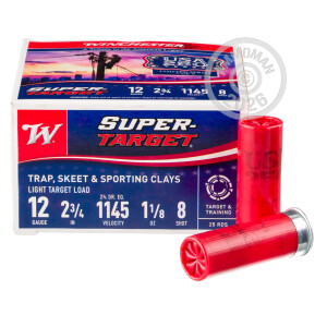 Photo detailing the 12 GAUGE WINCHESTER SUPER TARGET 2 3/4" 1 1/8 OUNCE #8 LEAD SHOT TARGET LOAD (250 ROUNDS) for sale at AmmoMan.com.
