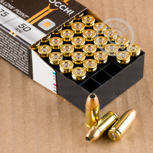 A photograph detailing the 9mm Luger ammo with JHP bullets made by Fiocchi.