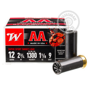 Photo detailing the 12 GAUGE WINCHESTER AA SPORTING CLAY 2-3/4" 1 1/8 OUNCE #9 SHOT (25 ROUNDS) for sale at AmmoMan.com.