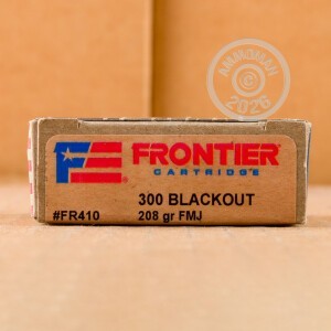 A photograph detailing the 300 AAC Blackout ammo with FMJ bullets made by Hornady.
