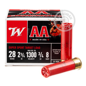 Photo detailing the 28 GAUGE WINCHESTER AA 2-3/4" 3/4 OZ. #8 SHOT (250 ROUNDS) for sale at AmmoMan.com.