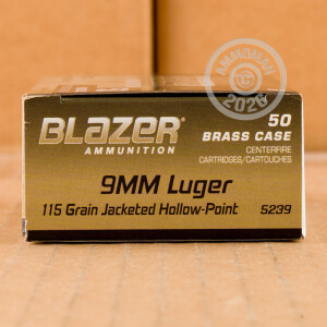 Photograph showing detail of 9MM BLAZER BRASS 115 GRAIN JHP (500 ROUNDS)