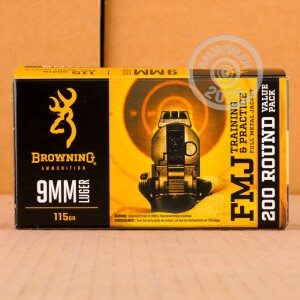 A photograph of 200 rounds of 115 grain 9mm Luger ammo with a FMJ bullet for sale.