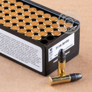  rounds of .22 Long Rifle ammo with Lead Round Nose (LRN) bullets made by Wolf.