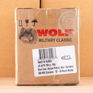 A photo of a box of Wolf ammo in .45 Automatic.