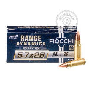 Photo detailing the 5.7X28MM FIOCCHI SUBSONIC 62 GRAIN FMJ (500 ROUNDS) for sale at AmmoMan.com.