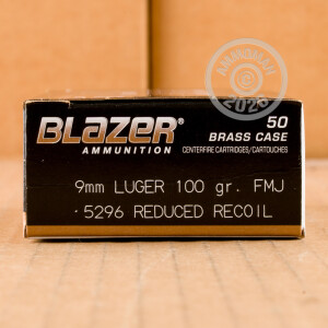 A photograph of 50 rounds of 100 grain 9mm Luger ammo with a FMJ bullet for sale.
