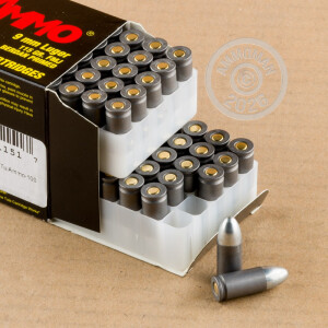 A photograph of 100 rounds of 115 grain 9mm Luger ammo with a FMJ bullet for sale.