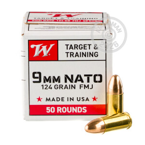 Photo detailing the 9MM NATO WINCHESTER 124 GRAIN FMJ (1000 ROUNDS) for sale at AmmoMan.com.