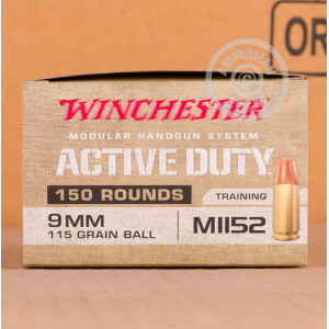 Photograph showing detail of 9MM WINCHESTER ACTIVE DUTY 115 GRAIN FMJ M1152 (150 ROUNDS)
