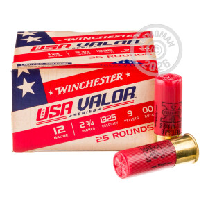 Image of the 12 GAUGE WINCHESTER USA VALOR 2-3/4" 9 PELLETS 00 BUCK (250 ROUNDS) available at AmmoMan.com.