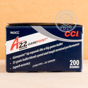 Photograph showing detail of 22 WMR CCI A22 GAMEPOINT 35 GRAIN JSP (200 ROUNDS)
