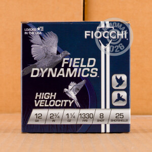 Photo detailing the 12 GAUGE FIOCCHI OPTIMA SPECIFIC HV 2-3/4“ 1-1/4 OZ. #8 SHOT (25 ROUNDS) for sale at AmmoMan.com.