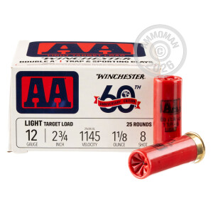 Photograph showing detail of 12 GAUGE WINCHESTER AA LIGHT TARGET 2-3/4" 1-1/8 OZ. #8 SHOT (25 ROUNDS)