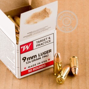 A photograph detailing the 9mm Luger ammo with FMJ bullets made by Winchester.