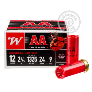 Photo detailing the 12 GAUGE WINCHESTER AA INTERNATIONAL TARGET 2-3/4" 7/8 OZ. #9 SHOT (25 ROUNDS) for sale at AmmoMan.com.