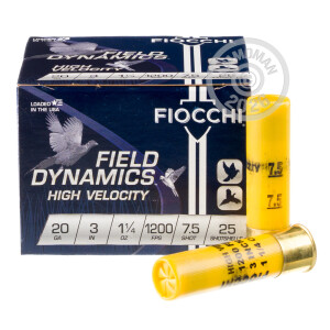 Image of the 20 GAUGE FIOCCHI HIGH VELOCITY 3" #7.5 SHOT (25 ROUNDS) available at AmmoMan.com.