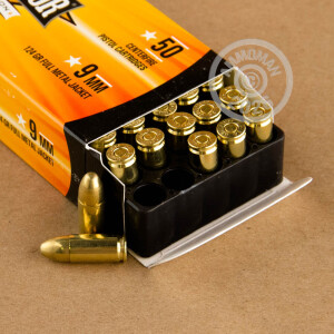 A photograph detailing the 9mm Luger ammo with FMJ bullets made by Armscor.