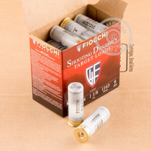Photo detailing the 12 GAUGE FIOCCHI TARGET SHOOTING DYNAMICS 2-3/4“ 1-1/8 OZ. #8 SHOT (25 ROUNDS) for sale at AmmoMan.com.