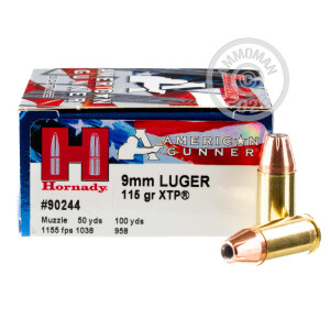 Photo detailing the 9MM HORNADY AMERICAN GUNNER 115 GRAIN JHP (250 ROUNDS) for sale at AmmoMan.com.