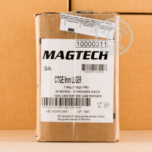 Photograph showing detail of 9MM LUGER MAGTECH 115 GRAIN FMJ (50 ROUNDS)