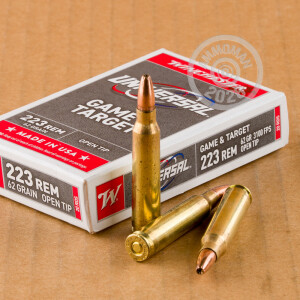 A photograph detailing the 223 Remington ammo with Open Tip bullets made by Winchester.