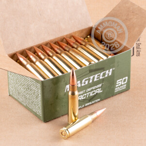 A photograph detailing the 308 / 7.62x51 ammo with FMJ bullets made by Magtech.