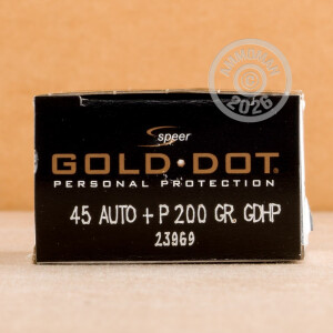 Photograph showing detail of 45 ACP +P SPEER GOLD DOT 200 GRAIN JHP (20 ROUNDS)