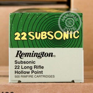Photograph of .22 Long Rifle ammo with Lead Hollow Point (LHP) ideal for hunting varmint sized game, Subsonic.