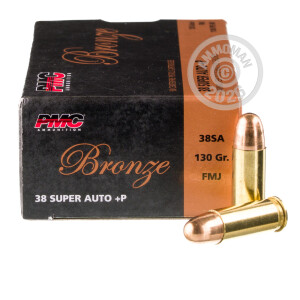 Photo detailing the 38 SUPER +P PMC BRONZE 130 GRAIN FMJ (1000 ROUNDS) for sale at AmmoMan.com.