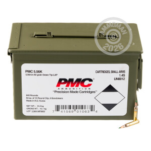 Image of bulk 5.56x45mm ammo by PMC that's ideal for training at the range.