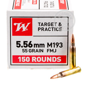 A photo of a box of Winchester ammo in 5.56x45mm that's often used for training at the range.