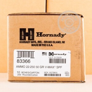 A photo of a box of Hornady ammo in 22-250 Remington.