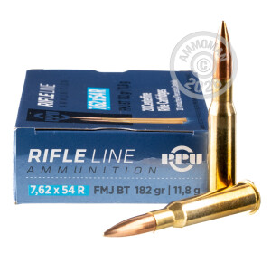 Photograph showing detail of 7.62x54R PRVI PARTIZAN 182 GRAIN FMJ-BT (20 ROUNDS)