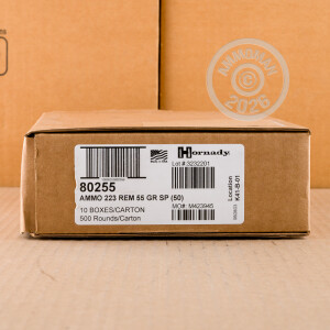 A photograph of 500 rounds of 55 grain 223 Remington ammo with a soft point bullet for sale.