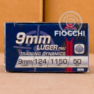 An image of 9mm Luger ammo made by Fiocchi at AmmoMan.com.