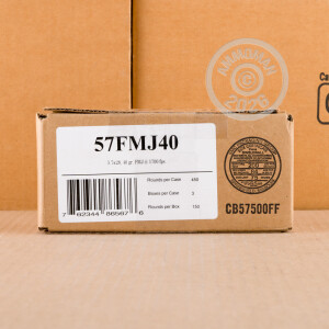 Photograph showing detail of 5.7X28MM FIOCCHI 40 GRAIN FMJ (150 ROUNDS)