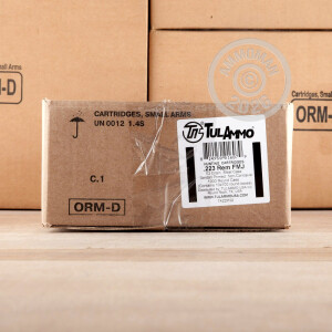 A photograph detailing the 223 Remington ammo with FMJ bullets made by Tula Cartridge Works.