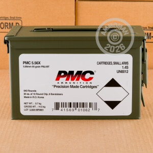 A photograph of 840 rounds of 55 grain 5.56x45mm ammo with a FMJ-BT bullet for sale.