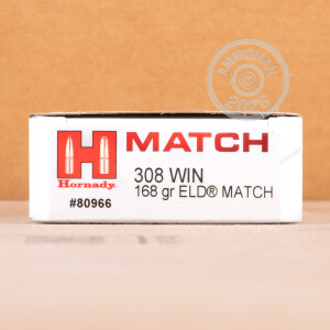 Photograph showing detail of 308 WIN HORNADY MATCH 168 GRAIN ELD MATCH (20 ROUNDS)
