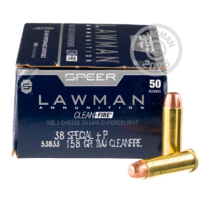 Photograph showing detail of 38 SPECIAL +P SPEER LAWMAN CLEAN-FIRE 158 GRAIN TMJ (1,000 ROUNDS)