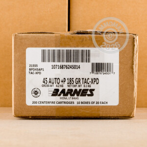 A photograph detailing the .45 Automatic ammo with Solid Copper Hollow Point (SCHP) bullets made by Barnes.